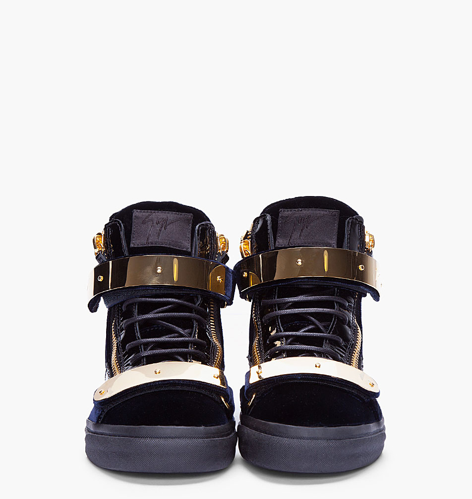 Giuseppe Zanotti Navy Velvet and Gold Sneakers