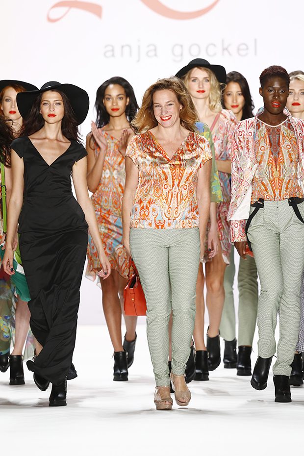 BERLIN, GERMANY - JUNE 29: Designer Anja Gockel with a group of models walk the runway after her show during the Mercedes-Benz Fashion Week Berlin Spring/Summer 2017 at Erika Hess Eisstadion on June 29, 2016 in Berlin, Germany. (Photo by Peter Michael Dills/Getty Images for IMG)