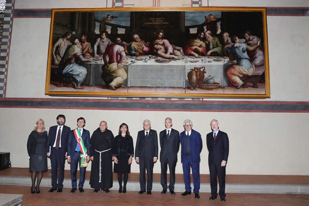 FLORENCE, ITALY - NOVEMBER 04:(L-R) Monica Barni, Dario Franceschini, Dario Nardella, Antonio di Marcantonio, Irene Sanesi, Italian president Sergio Mattarella, Marco Ciatti, Patrizio Bertelli and Antoine Wilmering attend Giorgio Vasari's Last Supper Painting Unveiling Ceremony - A Restoration Project Supported By Prada on November 4, 2016 in Florence, Italy. (Photo by Vittorio Zunino Celotto/Getty Images for Prada) *** Local Caption *** Monica Barni;Dario Franceschini;Dario Nardella;Antonio di Marcantonio;Irene Sanesi;Sergio Mattarella;Marco Ciatti;Patrizio Bertelli;Antoine Wilmering