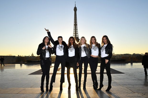 PARIS, FRANCE - NOVEMBER 29: (L-R) Lily Aldridge, Adriana Lima, Jasmine Tookes, Elsa Hosk, Josephine Skriver and Alessandra Ambrosio pose in front of the Eiffel Tower prior the 2016 Victoria's Secret Fashion Show on November 29, 2016 in Paris, France. (Photo by Dimitrios Kambouris/Getty Images for Victoria's Secret)