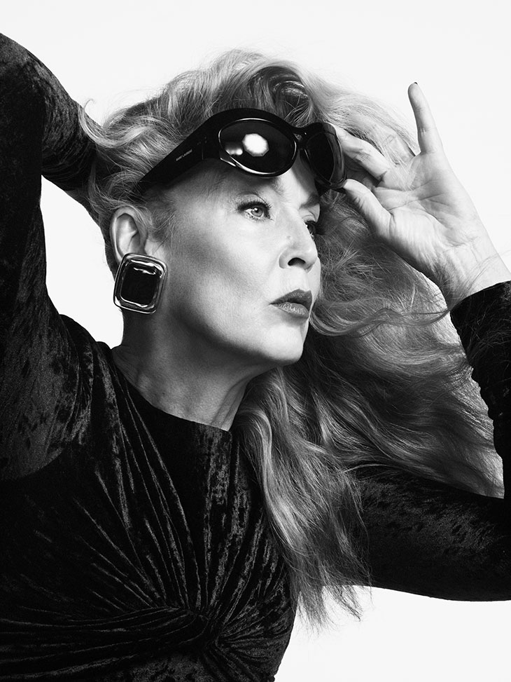 Jerry Hall Poses In Saint Laurent Summer 2022 Collection