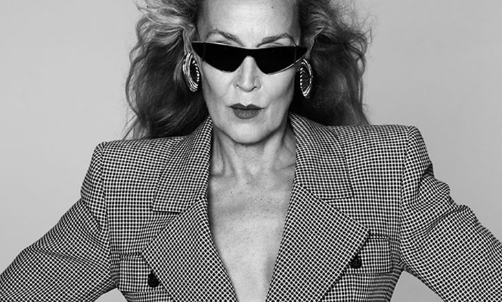 Jerry Hall Poses In Saint Laurent Summer 2022 Collection