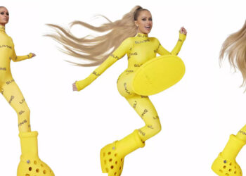Paris Hilton Models MSCHF x Crocs Big Yellow Boots